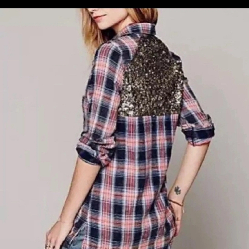Free People‎ Shirt Small Navy Plaid Sequin Embellished Long Sleeve - Picture 2 of 11